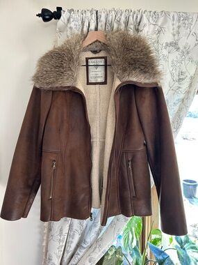 GUESS Brown Suede Shearling Jacket with Faux-Fur Collar